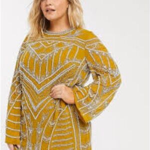 ASOS Curve Mustard Yellow Beaded Shift Dress